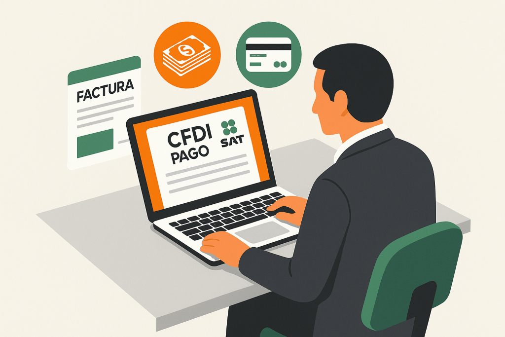 Contador mexicano emitiendo complemento de pago CFDI en laptop con iconos de factura, dinero y tarjeta, representando timbrado ante el SAT en FiscalStar.
