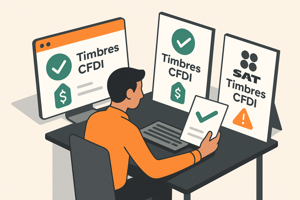 Empresario mexicano comparando diferentes proveedores de timbres fiscales CFDI con opciones validadas por el SAT, ilustración isométrica estilo FiscalStar.