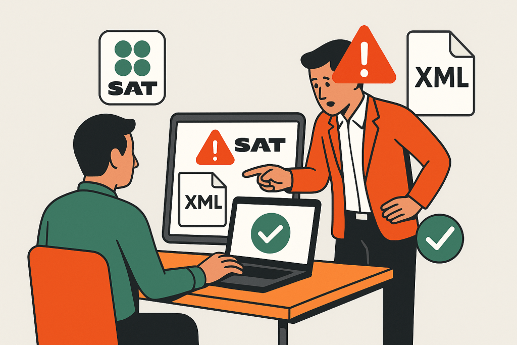 Cliente y contador revisando un CFDI con error de validación en el portal del SAT, mostrando alertas y un archivo XML en pantalla, ilustración isométrica estilo FiscalStar.