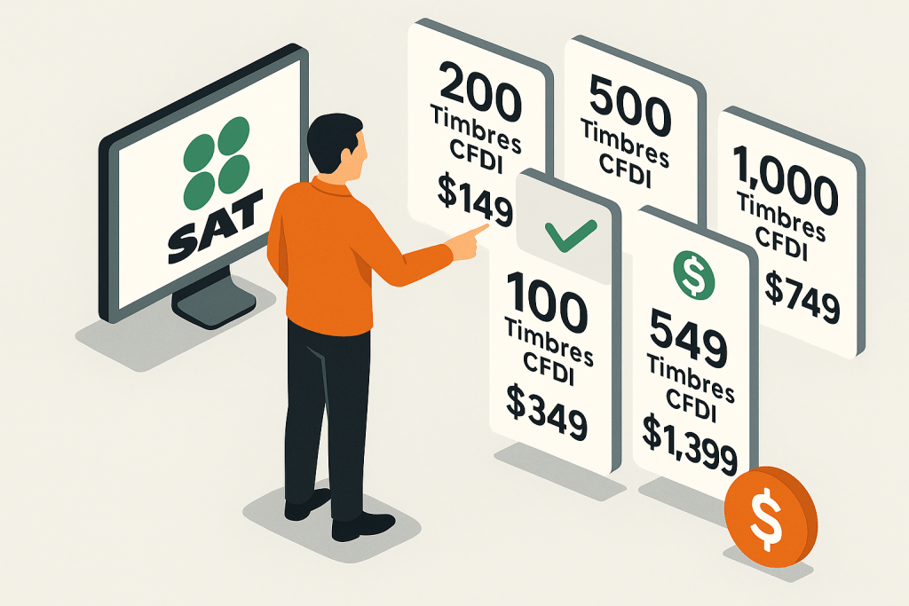 Empresario mexicano comparando paquetes de timbres fiscales CFDI con diferentes cantidades y precios, junto a un monitor con el logo del SAT, ilustración isométrica estilo FiscalStar.