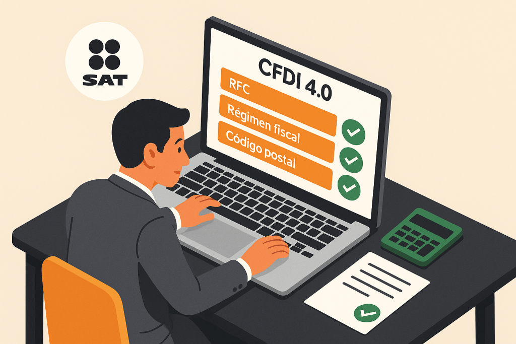Contador mexicano verificando el RFC, régimen fiscal y código postal en una factura CFDI 4.0 con íconos de validación del SAT, representando cumplimiento fiscal con FiscalStar.