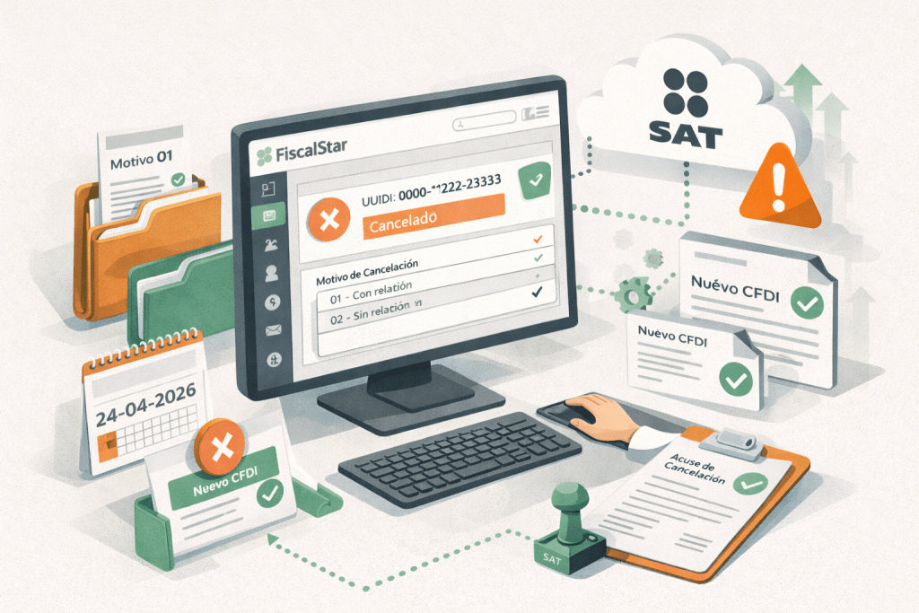 Empresario mexicano cancelando un CFDI 4.0 desde un sistema digital con validación del SAT y motivo de cancelación seleccionado, ilustración isométrica estilo FiscalStar.
