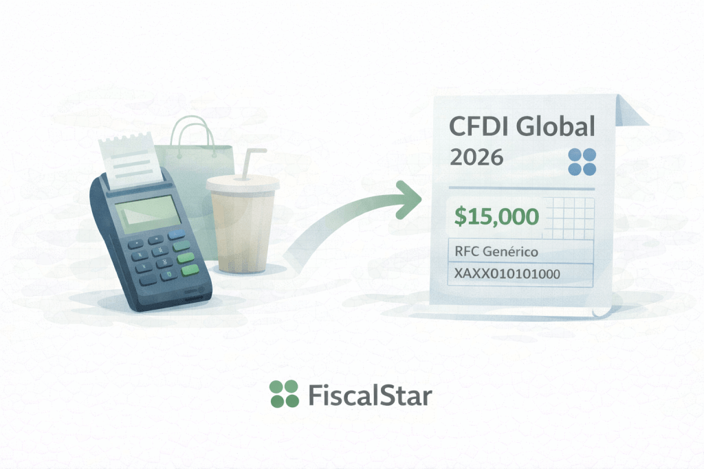 Ilustración minimalista mostrando la emisión de un CFDI global con ventas al público en general desde punto de venta hacia una factura electrónica.