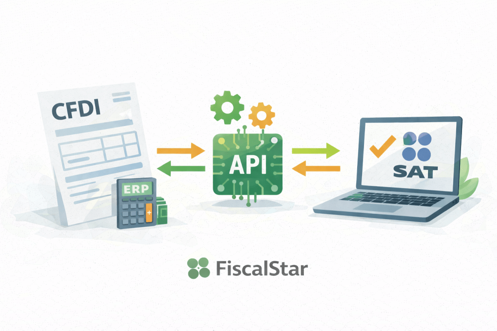 Ilustración minimalista mostrando automatización de facturación CFDI mediante API conectando ERP, documento CFDI y validación del SAT en laptop.