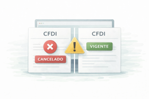 CFDI cancelado aparece vigente en el SAT ilustración con error de estatus y validación de factura electrónica en México