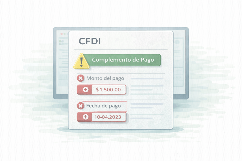 Complemento de pago CFDI mal timbrado con errores en monto y fecha ilustración de facturación electrónica en México