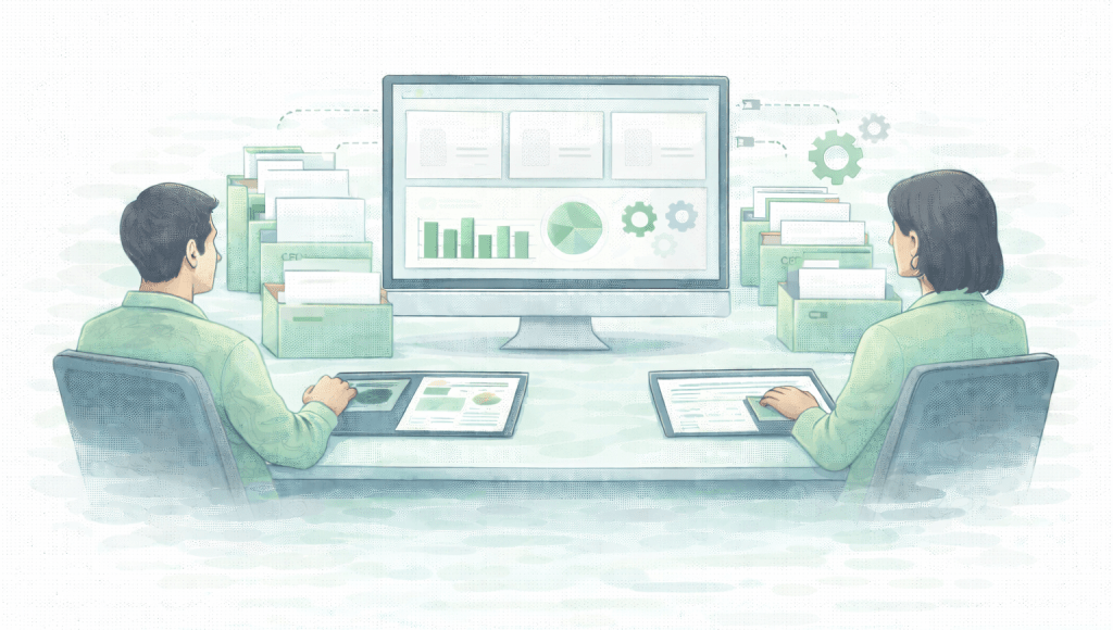 despacho contable gestionando múltiples facturas CFDI en sistema digital centralizado con automatización