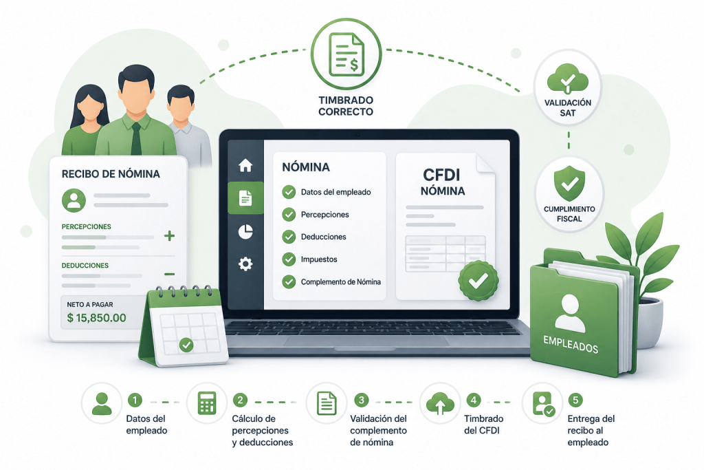 proceso de timbrado de nómina con validación de cfdi y gestión de empleados en sistema digital en México